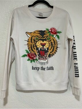 Freeze “Keep the Faith” Cream Graphic Tiger Crewneck Sweatshirt with Rose Accent